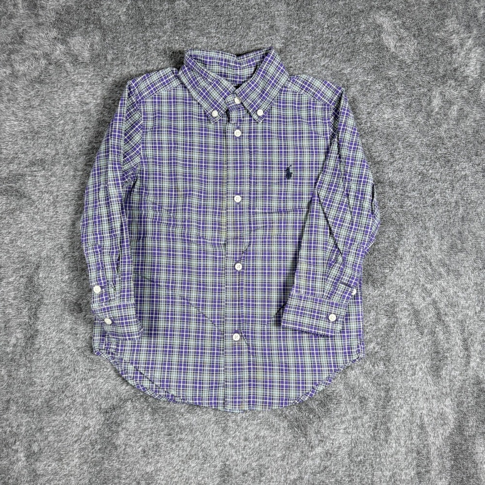 Ralph Lauren Toddler Boy Purple Plaid Button Down Shirt 3T Long Sleeve Cotton